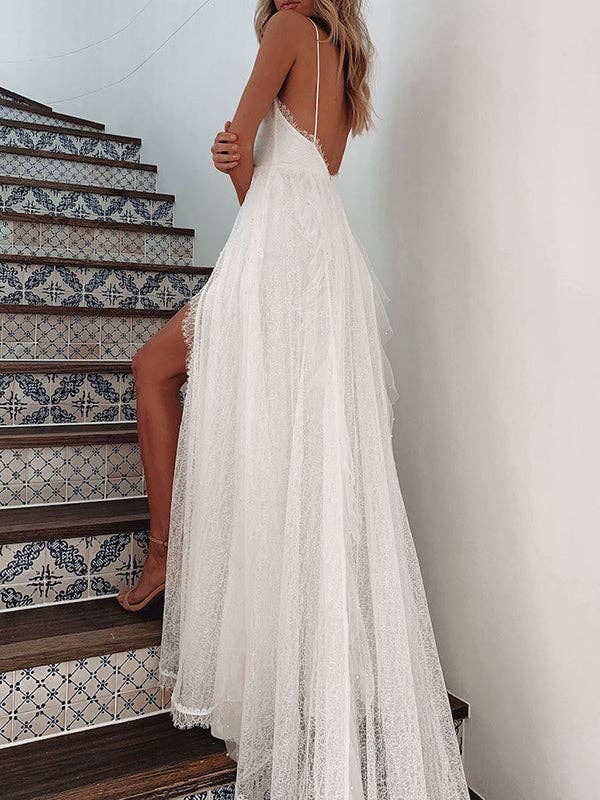 Plush Looks - Wholesale Dress - Women's - Wedding Deep V Neck Backless Lace Split Maxi Dress1