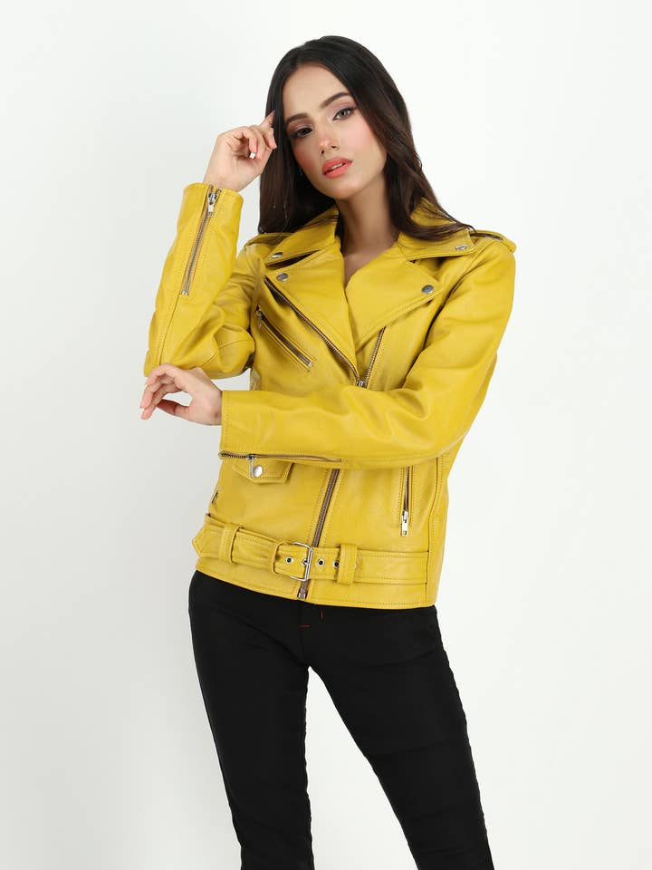 Women's Moto Style Cowhide Yellow Leather Jacket for wholesale on Faire