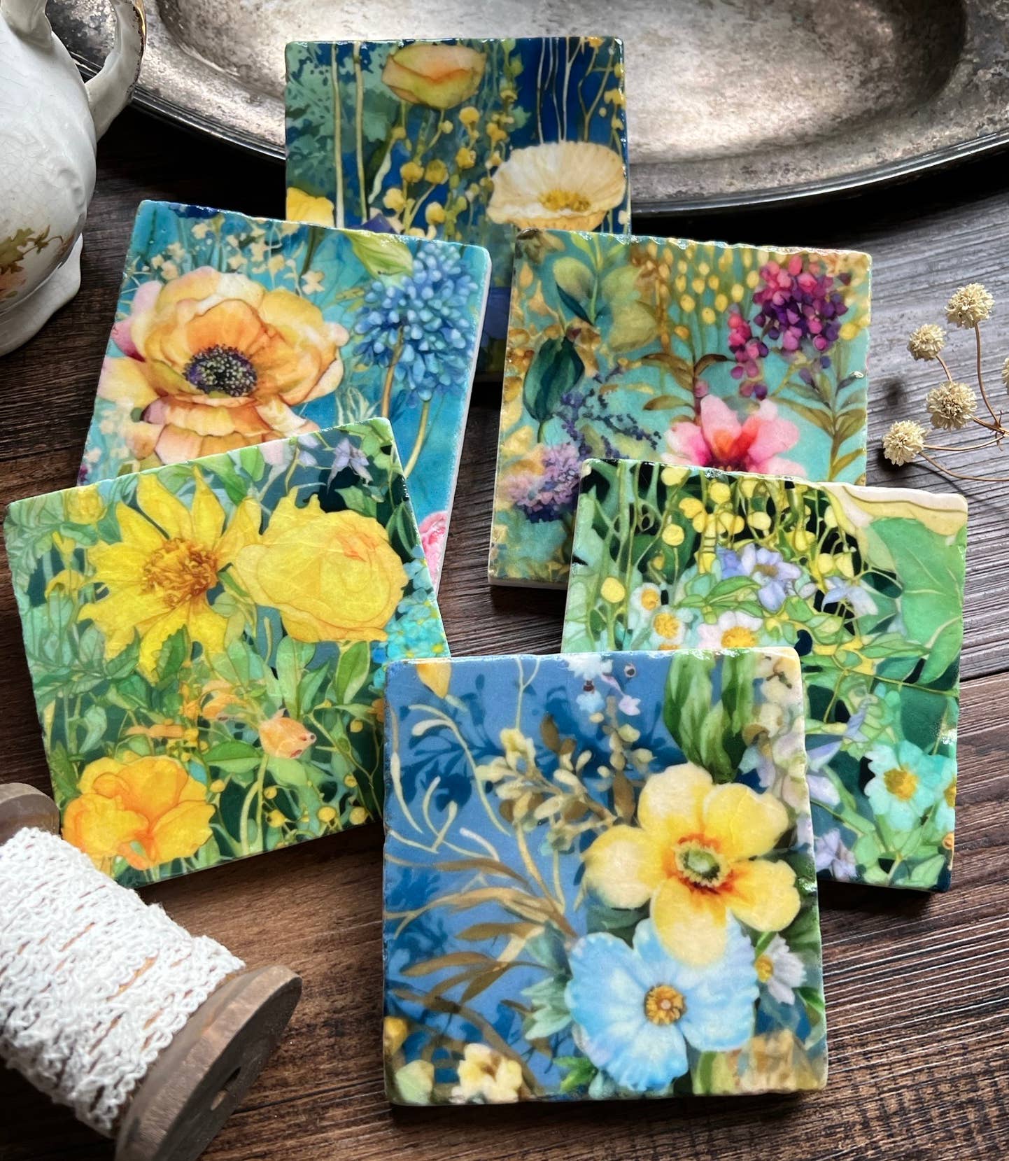 The Painted Lily - Wholesale Coasters - Watercolor Garden Sunshine stone coasters - case of 6