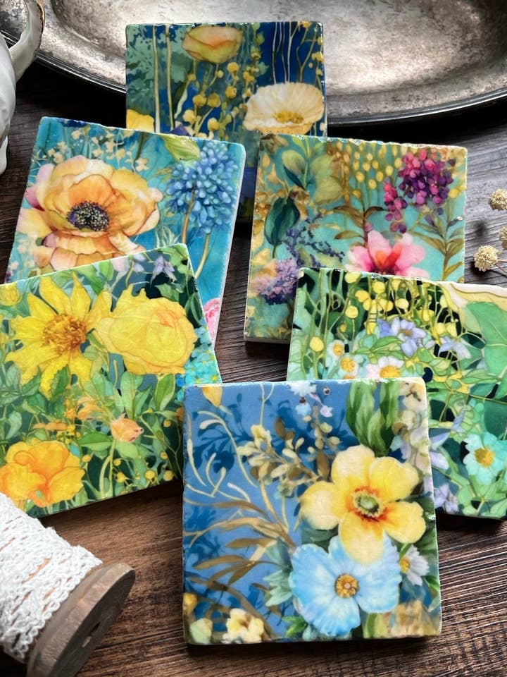 Watercolor Garden Sunshine stone coasters - case of 6 for wholesale by The Painted Lily