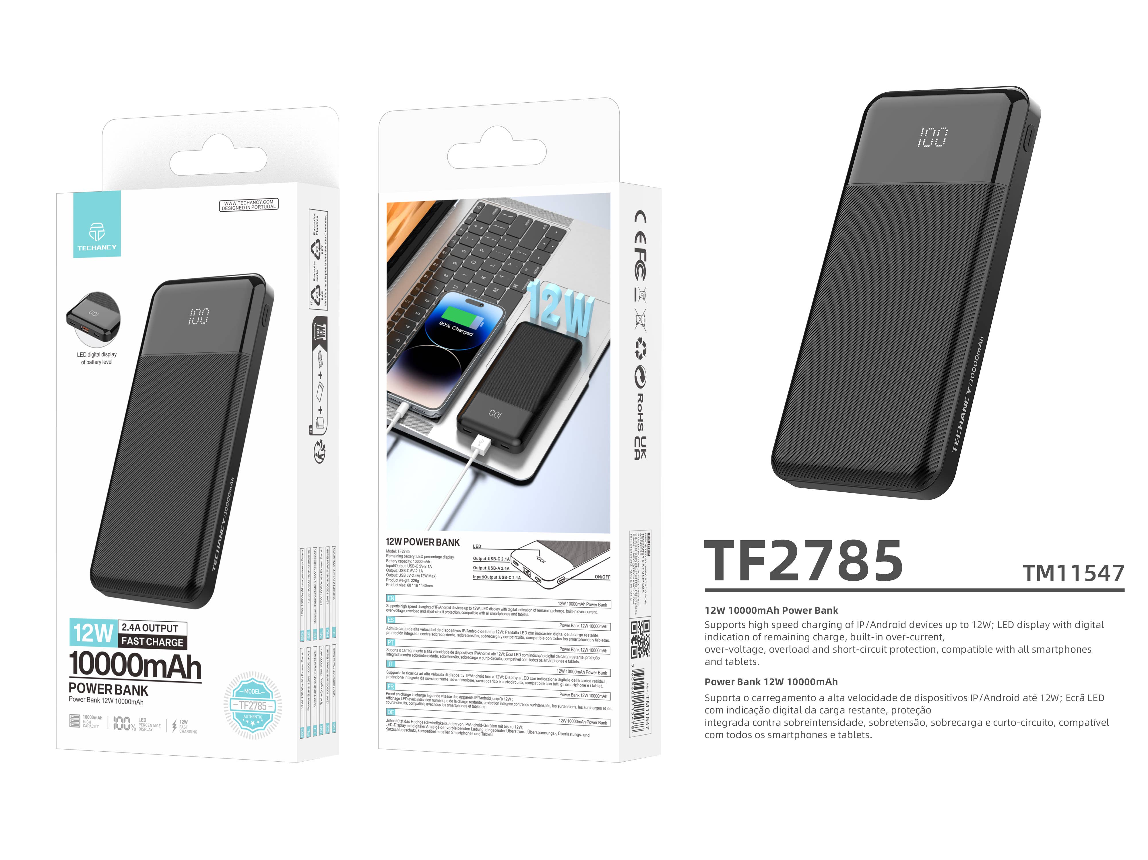 TECHANCY - Vendita all'ingrosso Caricatori portatili - Techancy Power Bank TF2785, 10000mAh, Ricarica Rapida 12W, 2.45