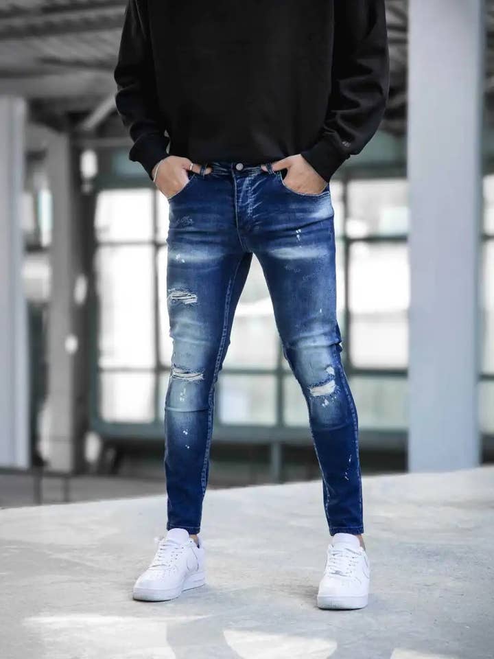 Skinny Fit Tvättade Splash Distressed Denimjeans för wholesale av PremiumDenim