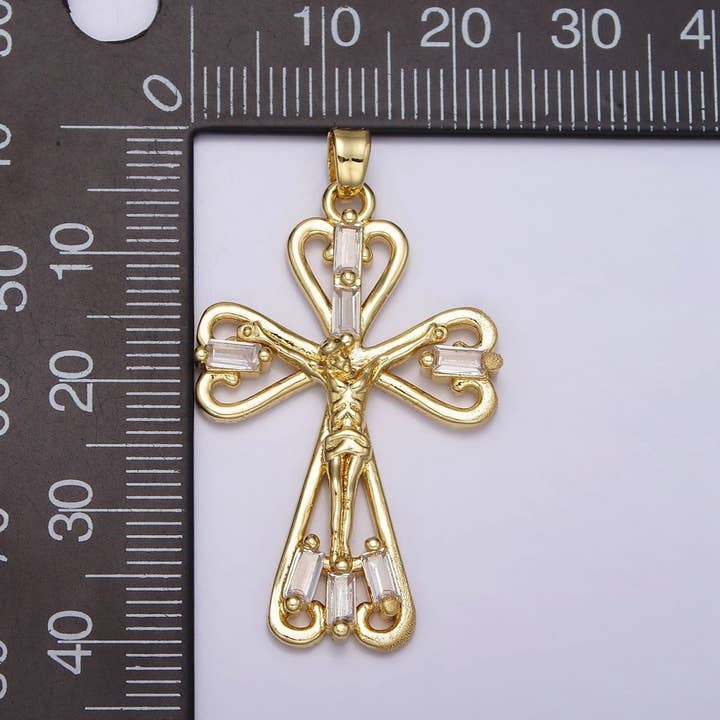 Aim Eternal - Wholesale Individual Charm/Pendant - 16K Gold Filled Crucifix Cross Clear CZ Baguette Religious Pendant in Gold & Silver | AA479 AA4312