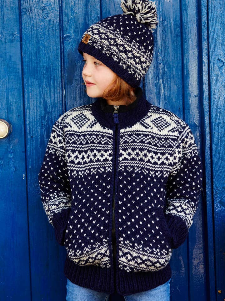 Kids Bergen Knitted Wool Fair Isle Knit Bobble Hat Navy for wholesale by Pachamama Ltd