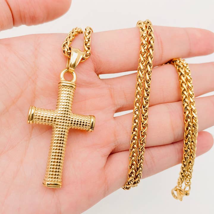 Men's Stainless Steel Golden Dot Cross Necklace - MJ/MNP for wholesale on Faire