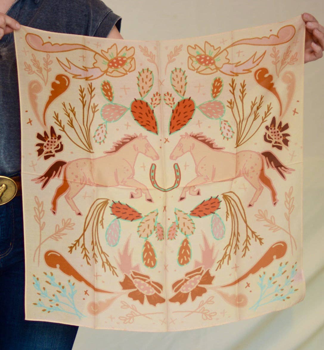 Tirzah Lane Art - Wholesale Scarf – Women's - Wild Horse Prairies in Peach Cowgirl Wild Rag: Western Scarf Bandana Silk Tencel Wildrag Western Giftable1