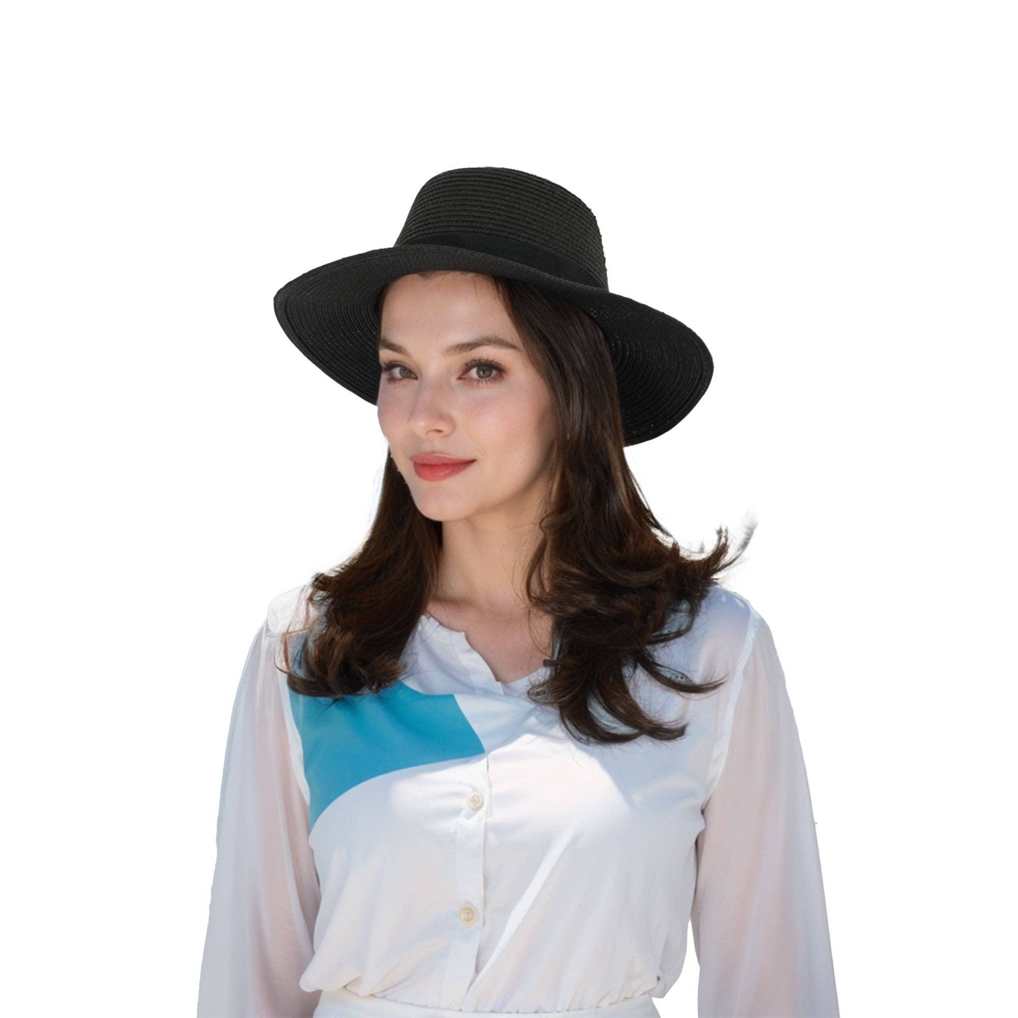 AK Brand - Wholesale Straw Hat - Women's - Wide Brim Straw Fedora Sun Hat Black Band Panama UV Hat5