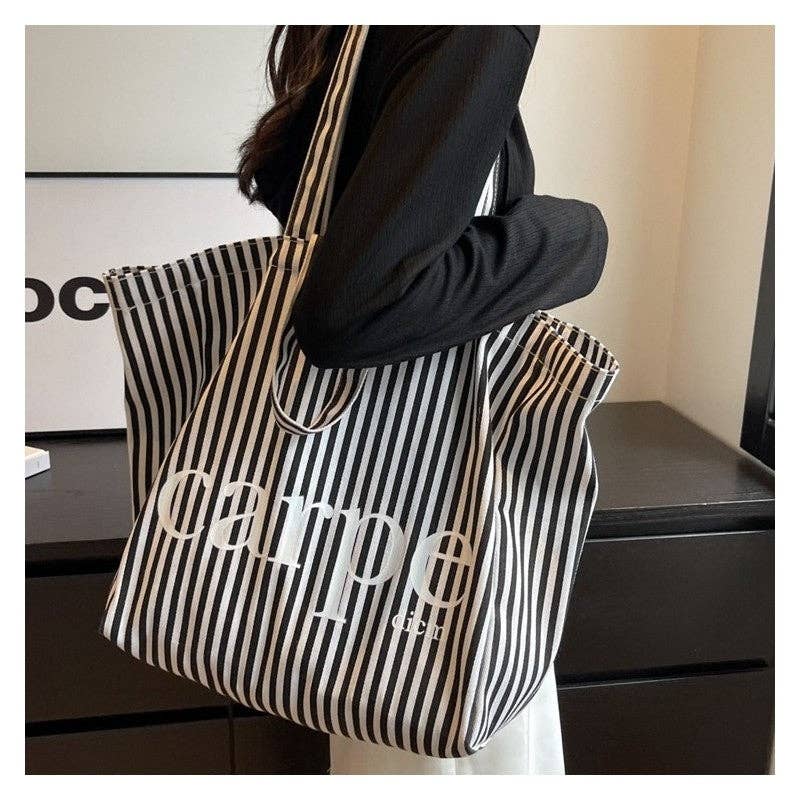 UZ Wholesale Store - Wholesale Tote Bag - Women's - Striped Letter Canvas Tote Bag with Large Capacity0