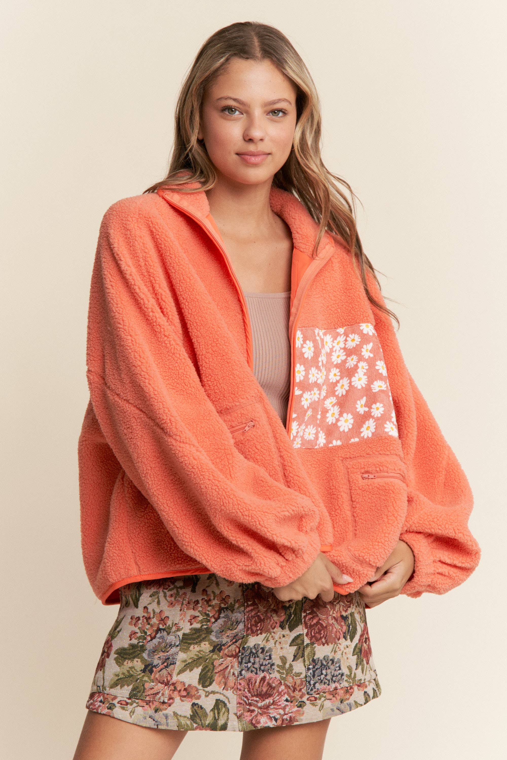 J.NNA – wholesale Jacka - Dam – Teddy Sherpa Blommig Jacka med Dragkedja S-L / 1X-3X2