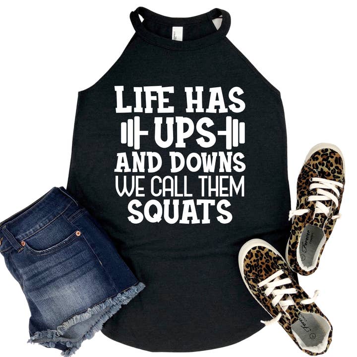 Epic Life - Designed - Wholesale Tank Top - Women's - Life Has Ups and Downs We Call Them Squats Tank Top - Funny Workout Shirt for Women - Womans Gym Weightlifting Fitness Activewear Apparel