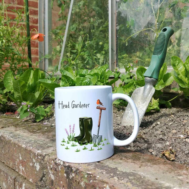 Head Gardener Mug | Gardening Gift | Robin and Wellies Print for wholesale by Laura Stanley Designs