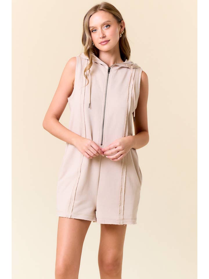 Doe and Rae - Wholesale Romper - Women's - French Terry Zip-Front Sleeveless Hooded Romper - 28002R6