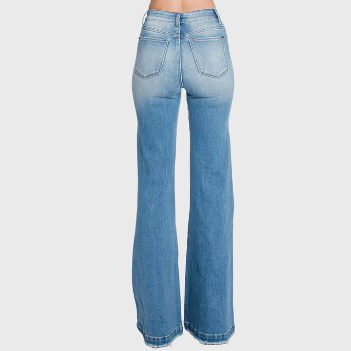 Petra153 - Wholesale Jeans - Women's - (PETITE) PZ289F-MD DISTRESSED SUPER HIGH RISE 70'S FLARE