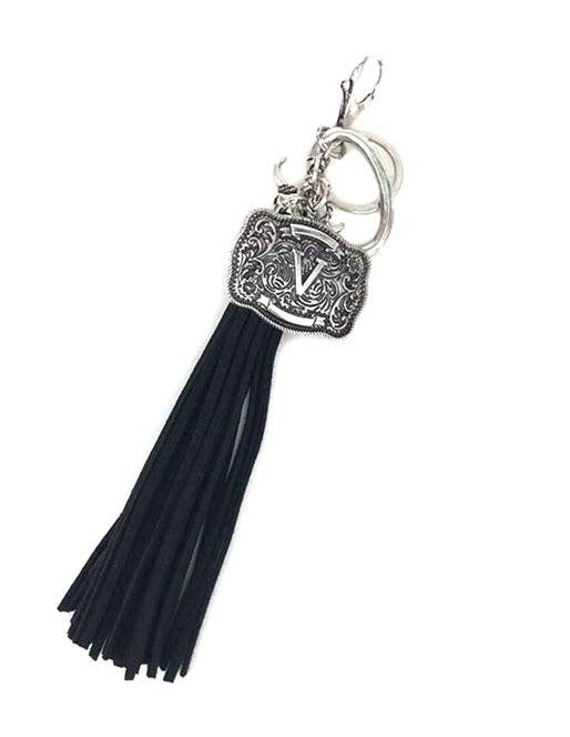 Snowing West - Wholesale Keychain - Unisex - Western Belt Buckle Initial Black Tassel Keychain19