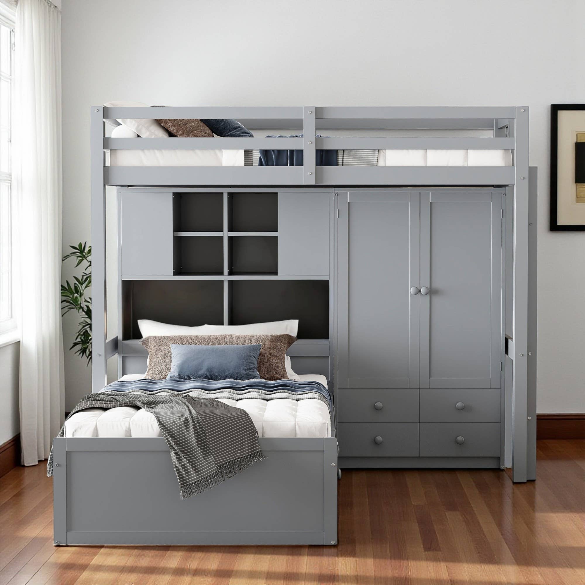 HomeRoots - Wholesale Bed - Gray Twin Over Twin Wood Bunk Bed With Drawers And Storage1