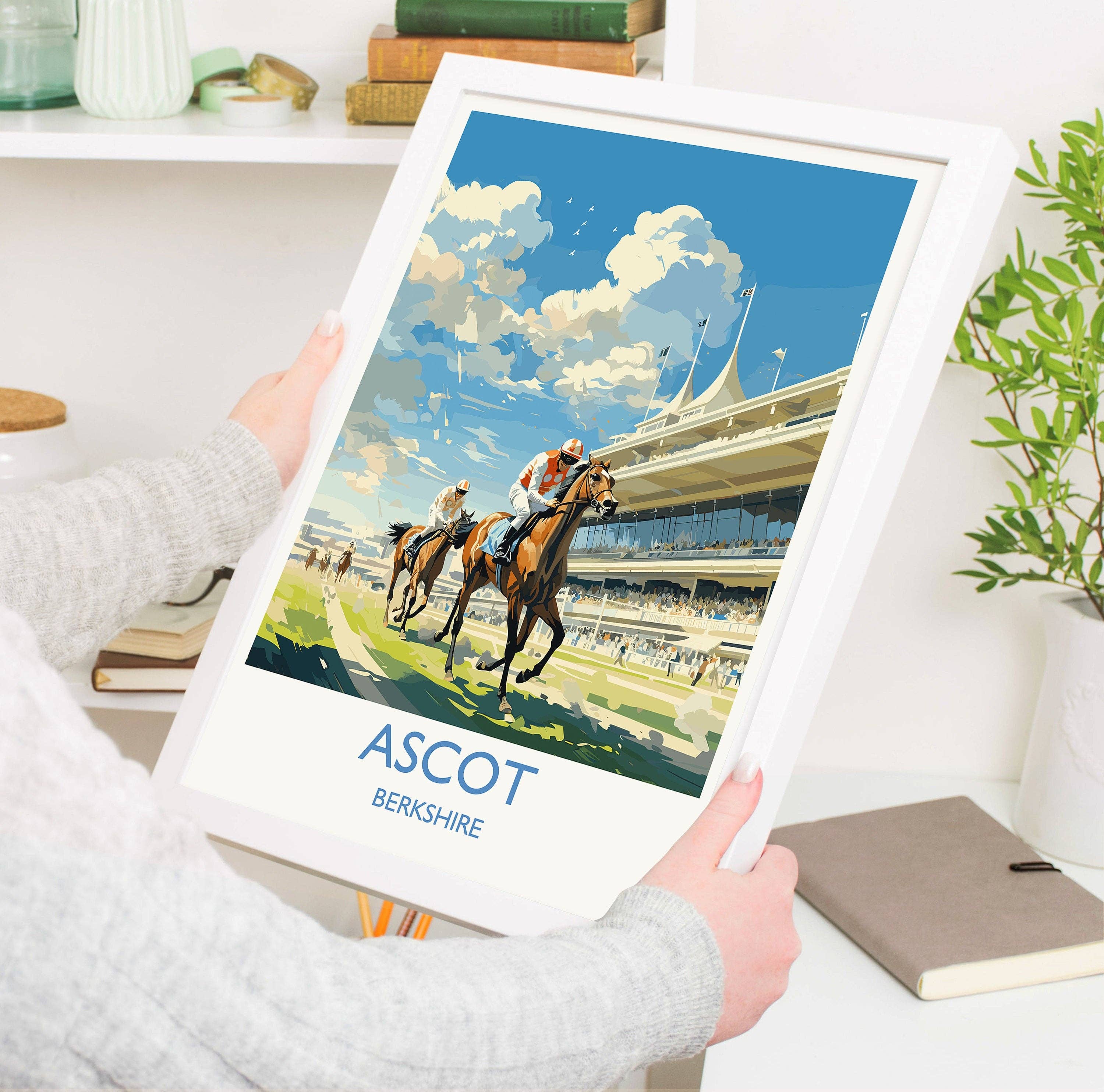 NQ Media Designs - Vente Affiche d'art - Affiche de voyage Ascot, impression de voyage d'Ascot, Berkshire, Angleterre, cadeau pour les amateurs d'art des courses d'Ascot, Windsor1