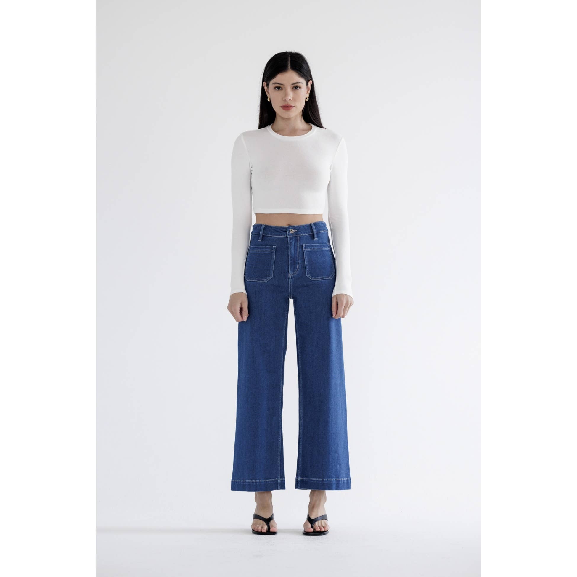 BRONCOS BLEU MARINE JEAN LARGE TAILLE HAUTE AVEC POCHE PLAQUÉE en vente sur Faire1