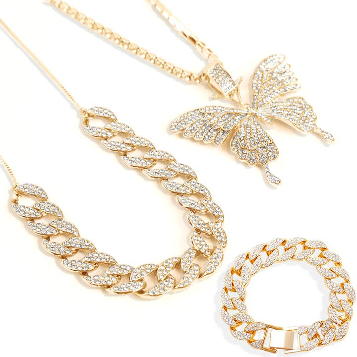 15mm Cuban Link & Butterfly Pendant Layered Necklace & Bracelet Set (Gold) for wholesale by EMESLY