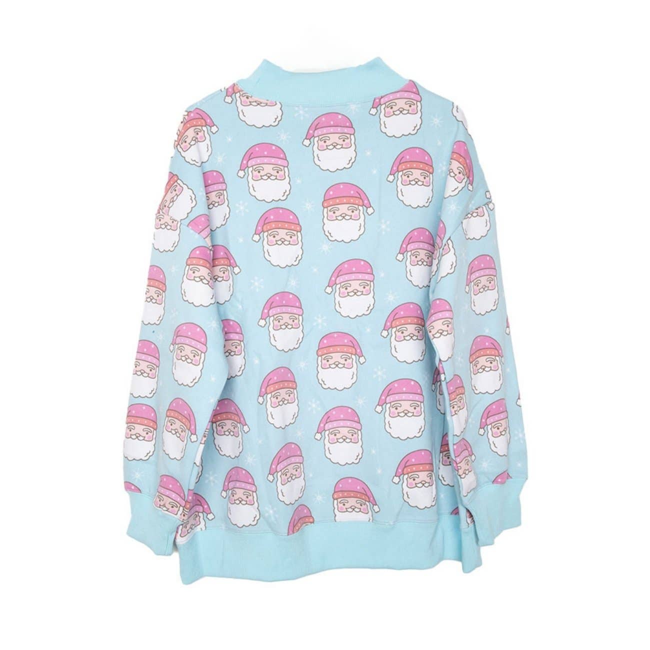 Light Blue Pink Santa Faces All Over Print Christmas Sweatshirt for wholesale on Faire1
