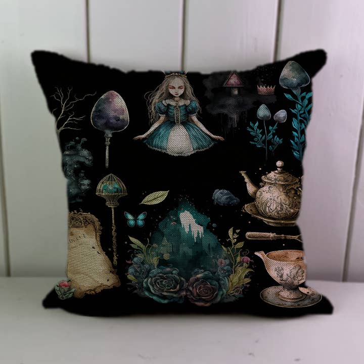 Funda de cojín de lino con diseño artístico de Alicia en el país de las maravillas para venta al por mayor de Hills Of Fabric