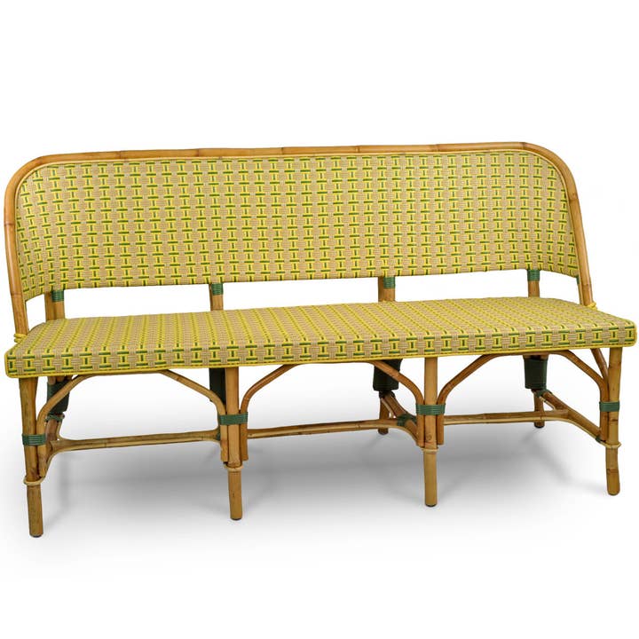 BONNECAZE - Wholesale Bench - Lyon French Bistro Rattan Banquette/Bench, 3-Seater - Vertical Pattern - Green/Yellow/Gold