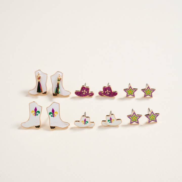 Mardi Gras Hat Boot Star Western 3pc Set Earrings for wholesale by Verita Lane