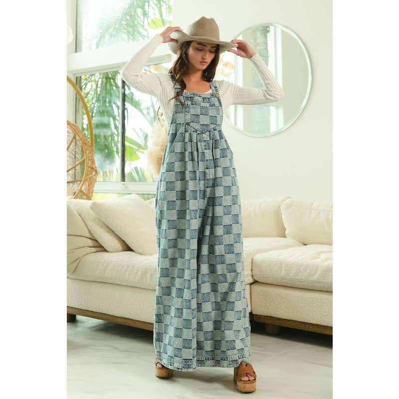 JEANS MACACÃO DE PERNAS LARGAS XADREZ VINTAGE LAVADO para venda a revendedores na Faire1