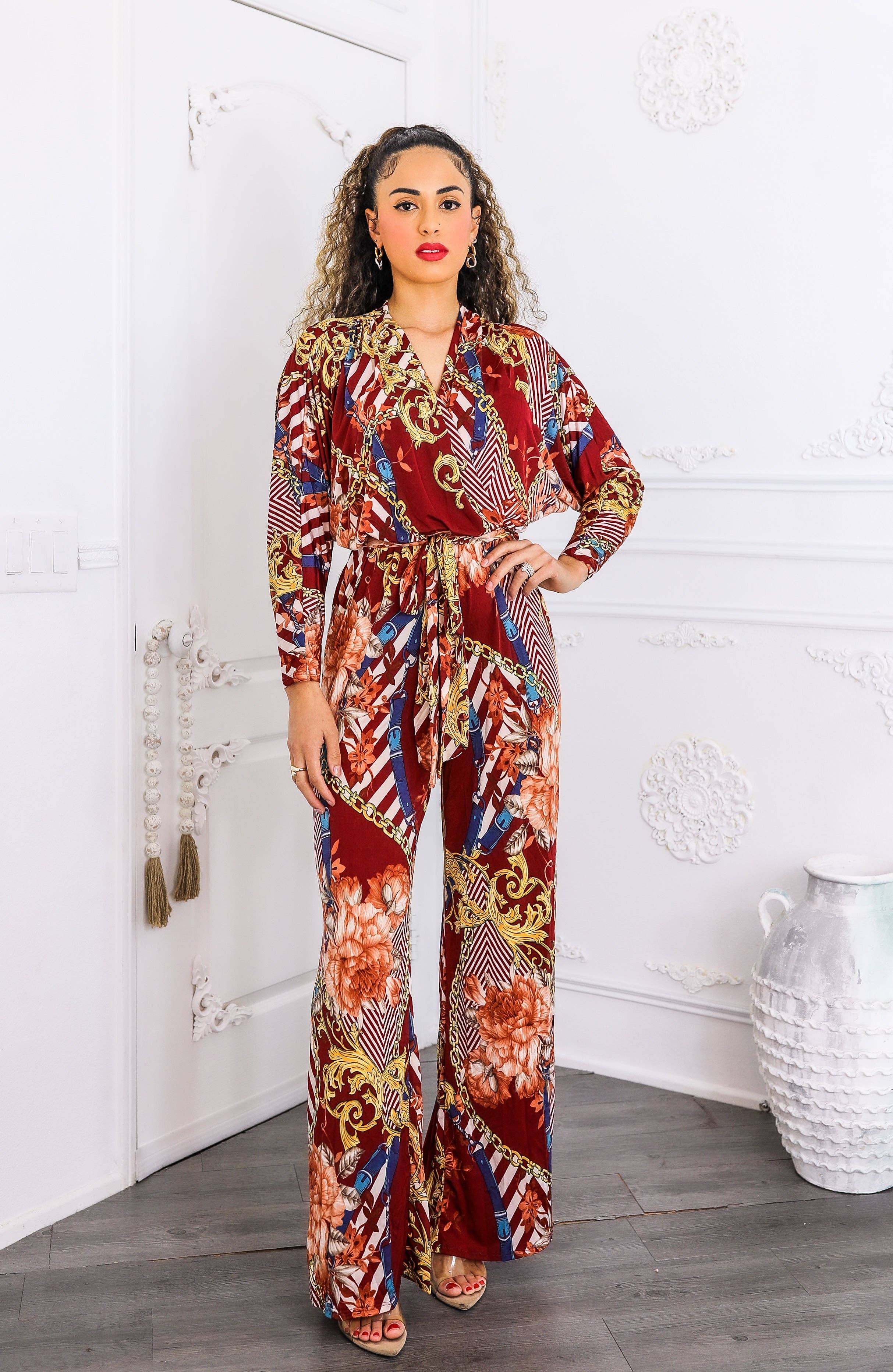 SurelyMine - Wholesale Jumpsuit - Women's - Red Chain Print Wide Leg Jumpsuit | Boho Chic One Piece0