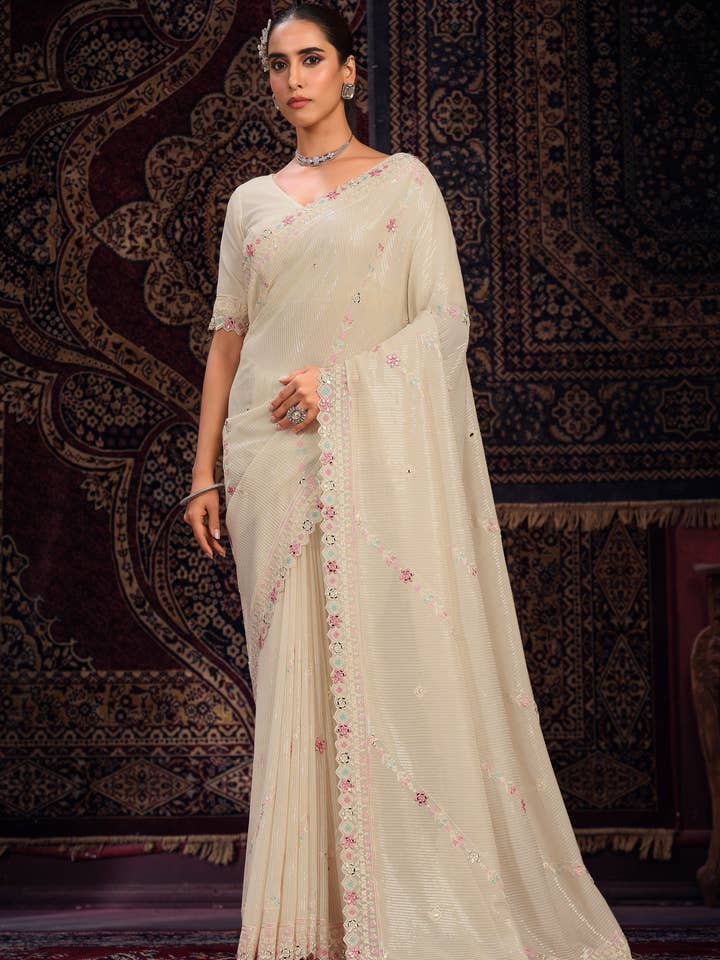 Cream Georgette Saree Sari & Blouse For Ladies Indian Festival & Weddings - Thread Embroidery Work, Sequence Embroidery Work, Mirror Work for wholesale by HATKE BRIDE