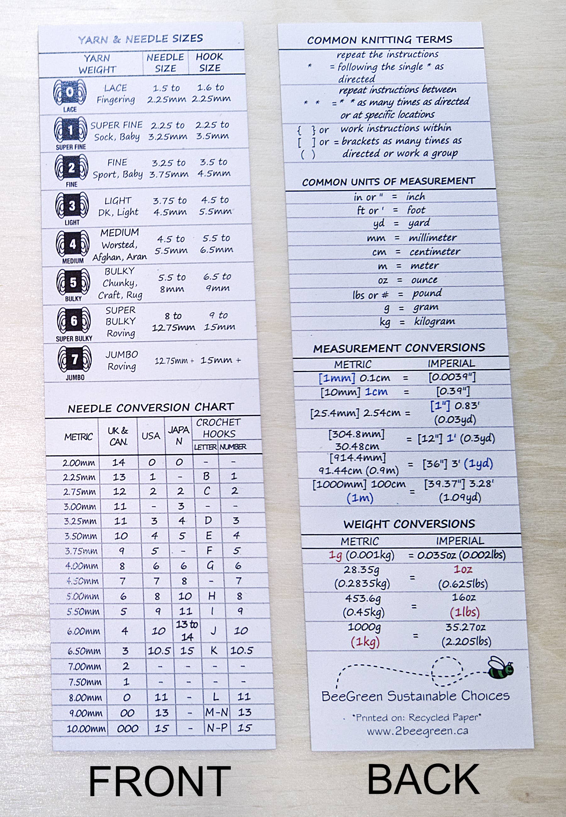 BeeGreen & CraftsPlannersPlus - Wholesale Bookmark - Knitting Terms Sizes & Conversions Bookmark [Gift Knitters]0