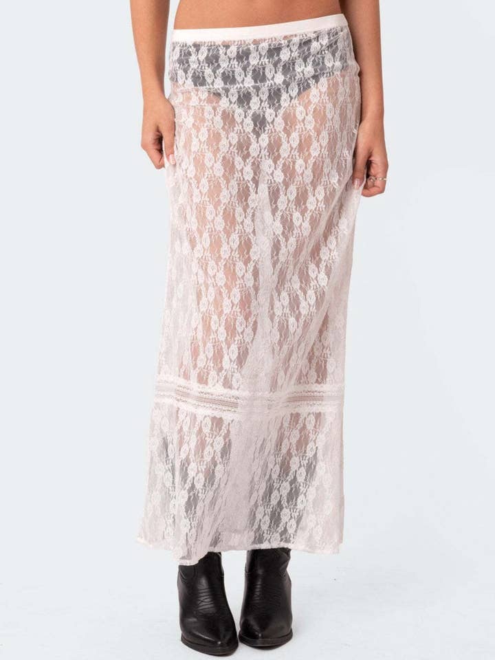 Trendy Sheer Lace Hollow-Out Maxi Skirt DP25C514 for wholesale by Dipped Shop