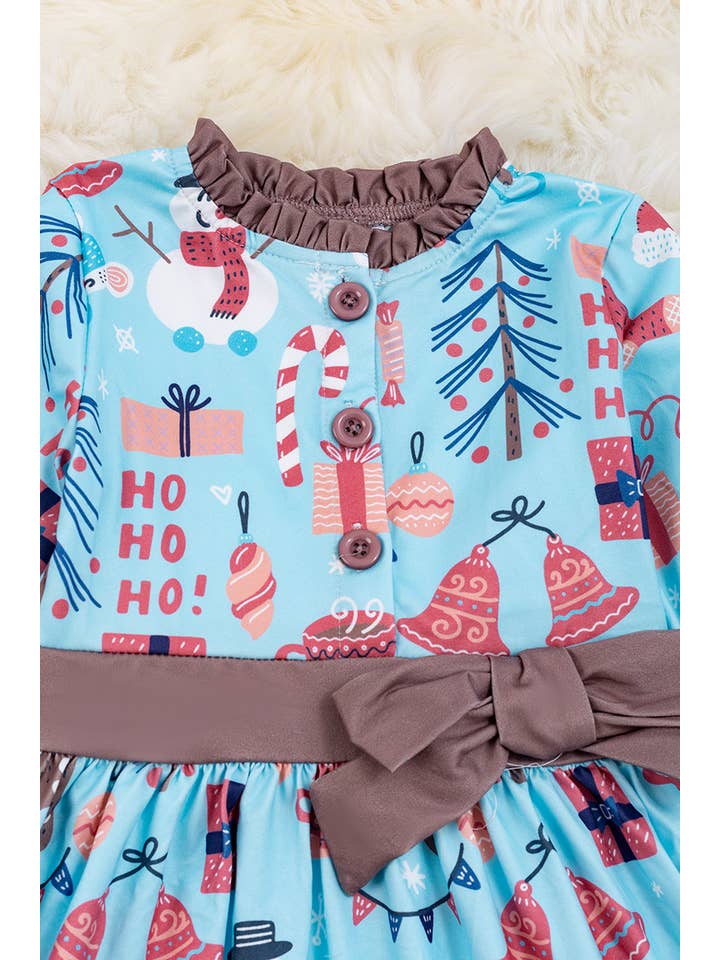 Kids Charm Online - Wholesale Dress - Kids - SNOWMAN PRINTED ON BLUE 3 LAYER RUFFLE DRESS. DRG50133017SOL