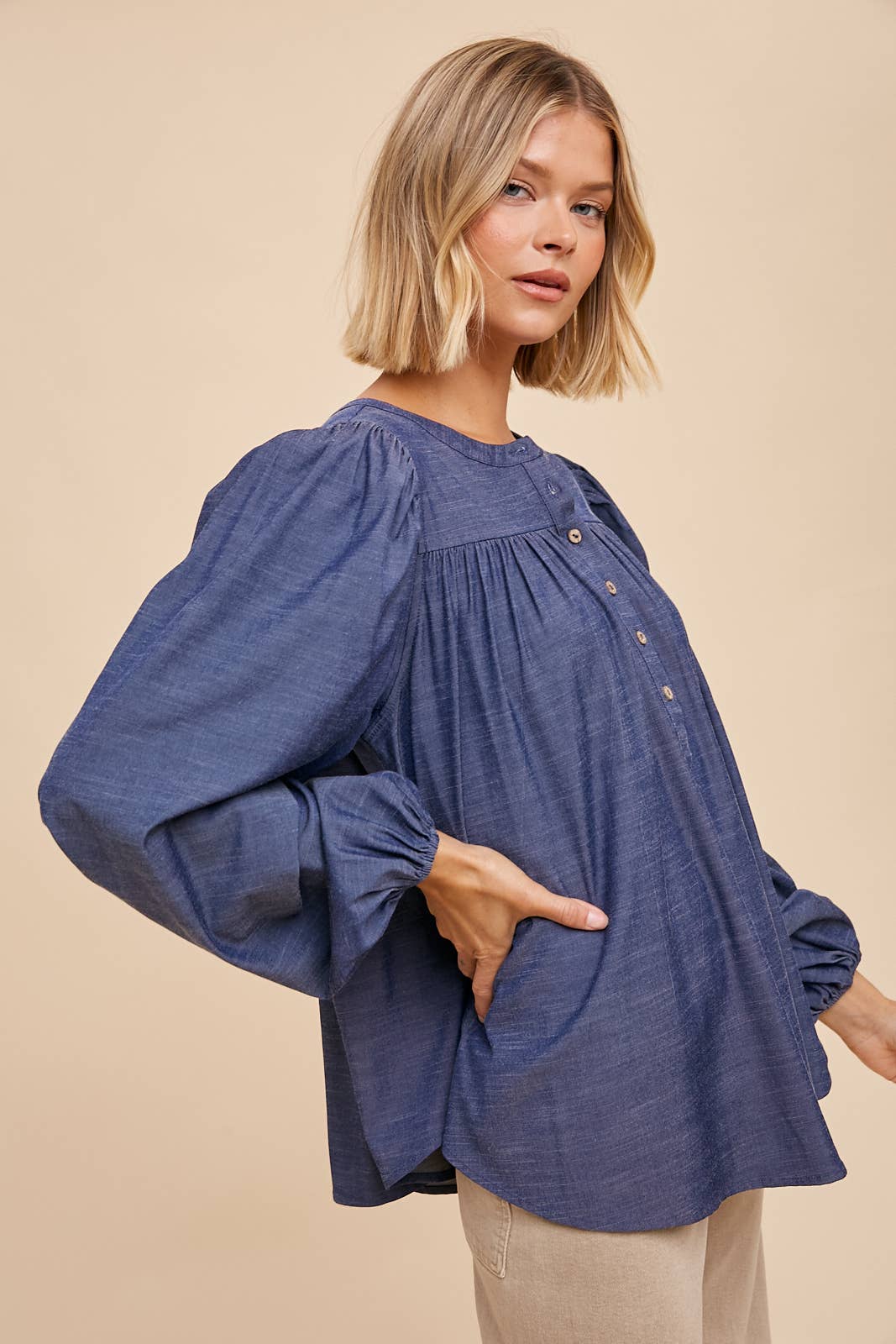 DARK WASHED TENCEL HENLEY SHIRT for wholesale on Faire0