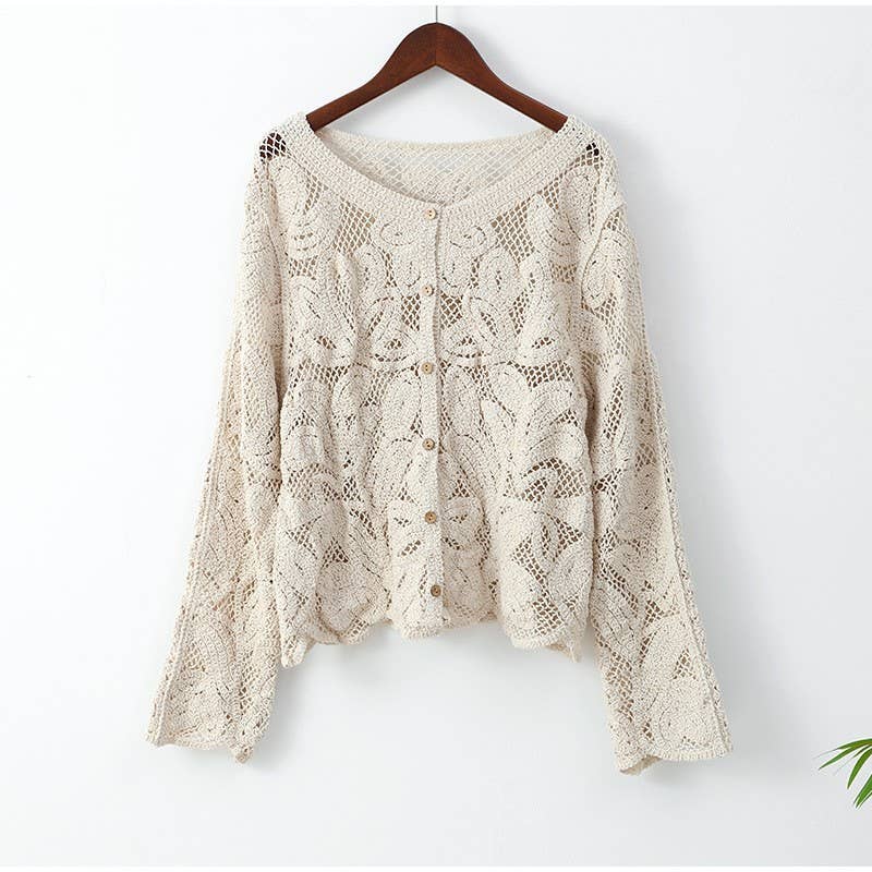 Beige Knit Button-Down Hollow Out Sweater Top for wholesale on Faire10