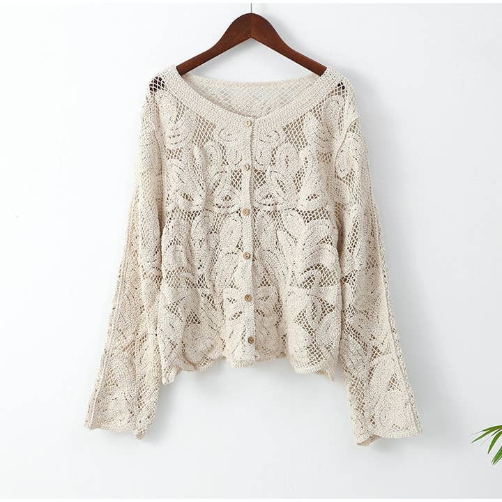 Beige Knit Button-Down Hollow Out Sweater Top for wholesale on Faire10
