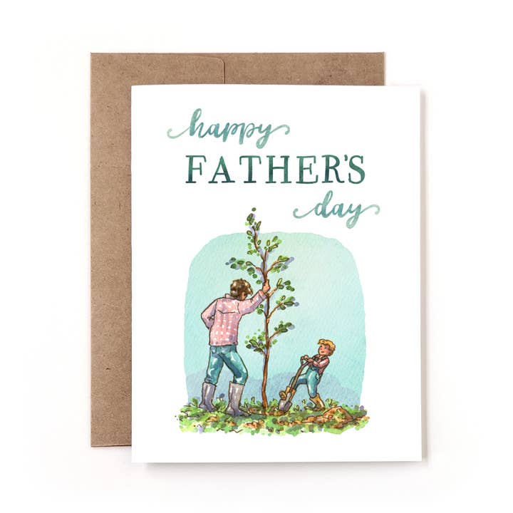 Glædelig fars dag finurligt akvarel far og søn kort for engroshandel hos Nettles & Lace Paper Co.
