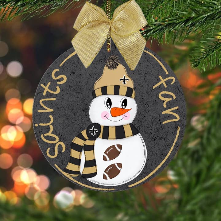 Saints football inspired snowman saints fan ornament for wholesale by on the Bayou