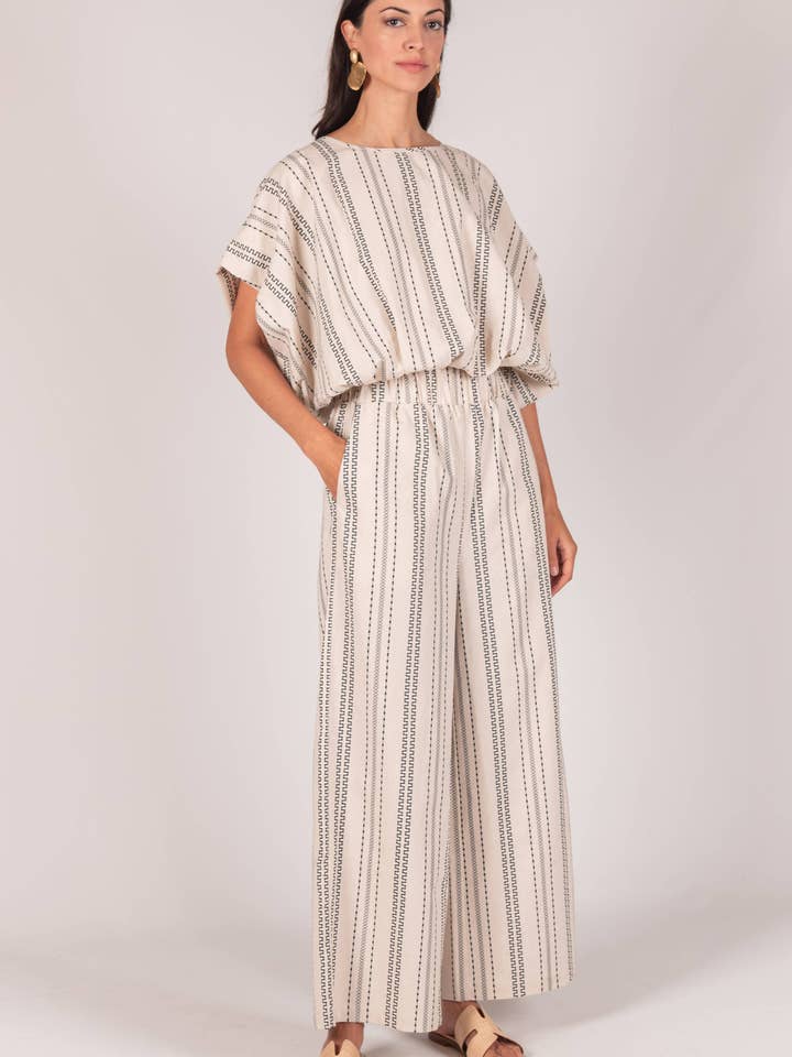 Taupe Navy P. CILL Print Linen Wide Leg Pants for wholesale on Faire