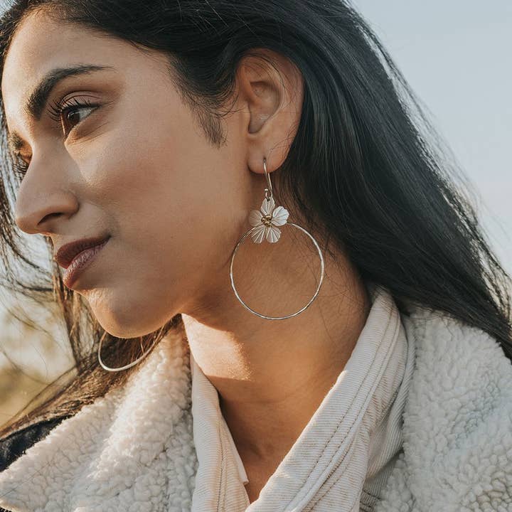 Matr Boomie Fair Trade - Wholesale Dangle Earrings - Sayuri Flower Silver Hoop Earrings