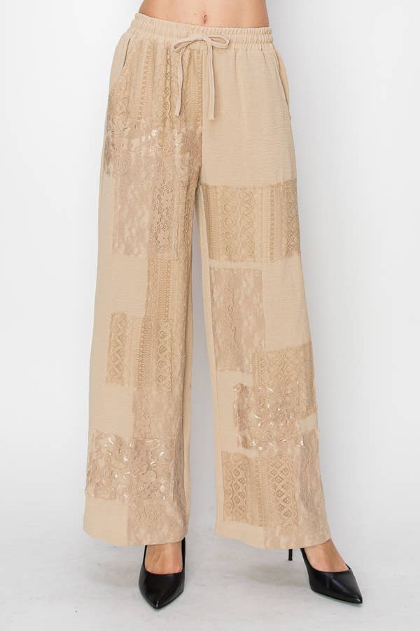 TORTORA Pantaloni in Pizzo Patchwork Rilassati con Coulisse Elastica - 4703TAUPE in vendita all'ingrosso su Faire