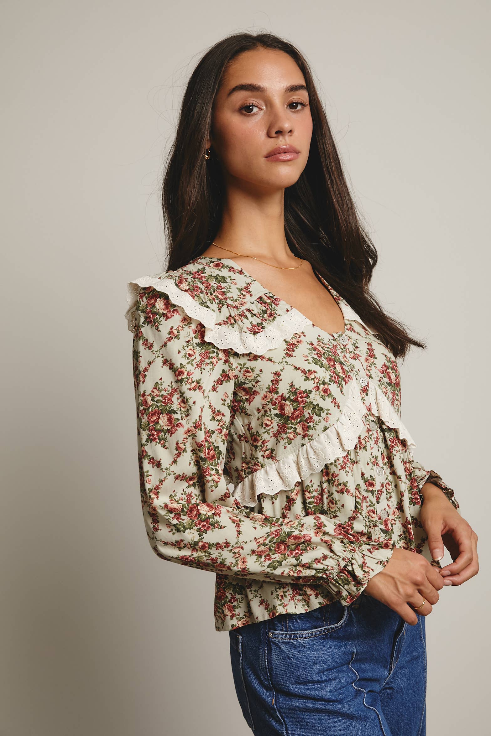 Forte - Wholesale Blouse – Women’s - Eyelet Ruffle Floral Peplum Blouse FT001213