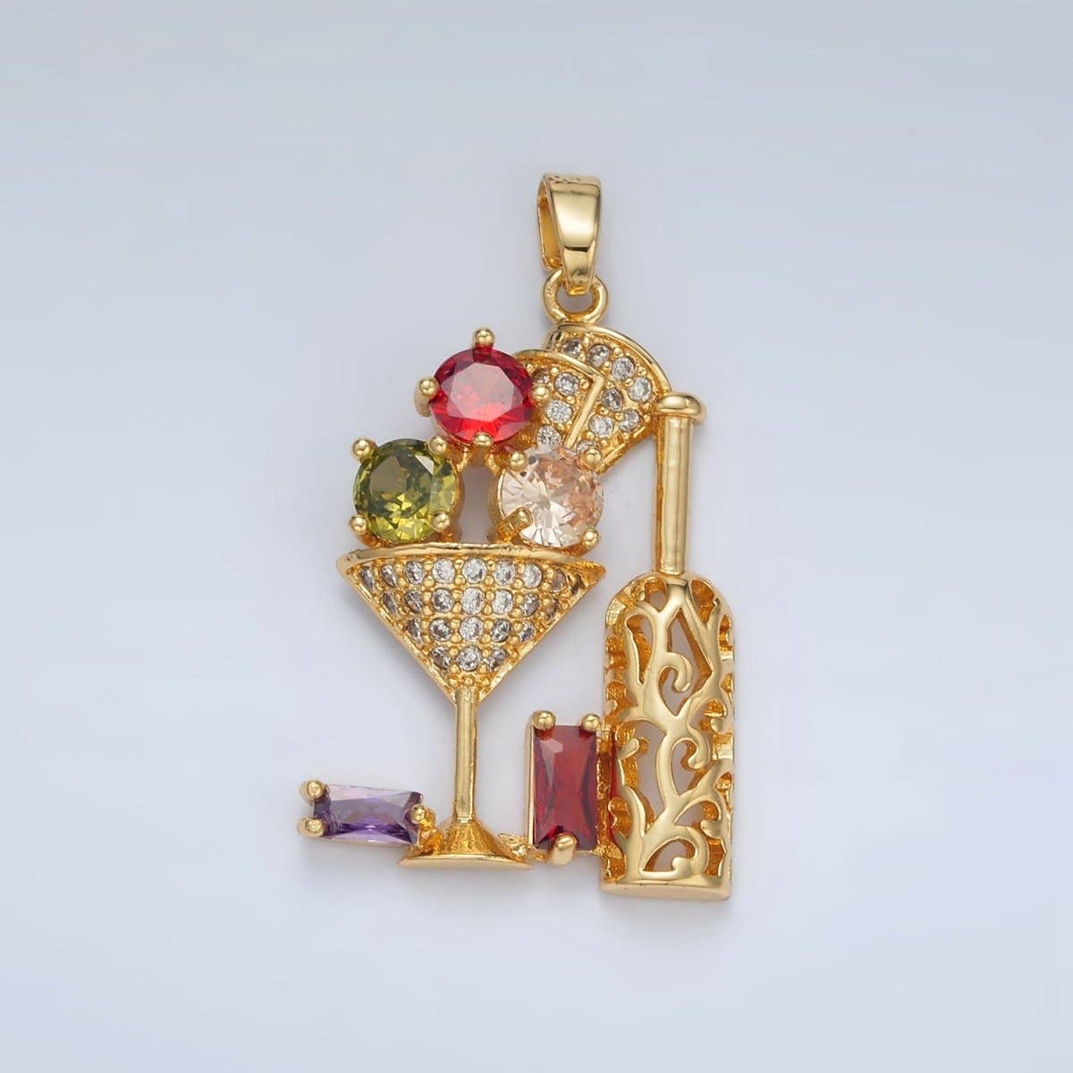 Aim Eternal - Wholesale Individual Charm/Pendant - 24K Gold Filled Multicolor Micro Paved Baguette CZ Martini Wine Alcohol Drinks Pendant | I7080