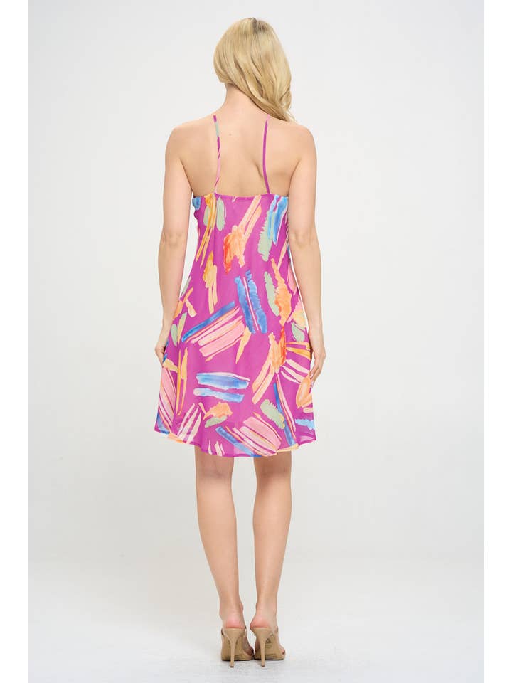 Magenta Made in USA Print Halter neck Swing Dress for wholesale on Faire