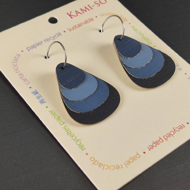 Teardrop Layered Recycled Paper Earrings - Navy for wholesale by Kami-so