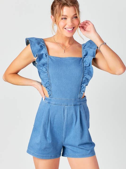 BABY PINK - Wholesale Romper - Women's - Ruffle Shoulder Denim Romper4