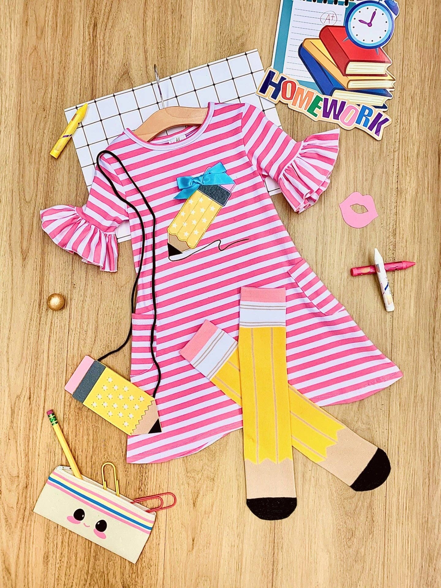Pink Striped Ruffle Sleeve Dress w/ Polka Dot Pencil Applique for wholesale on Faire1