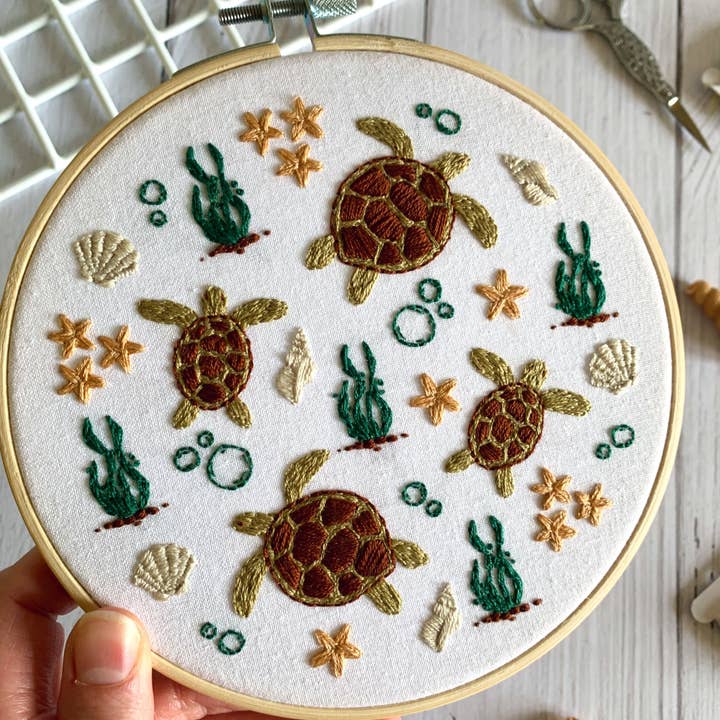 Sea Turtle Embroidery Kit - Sea life DIY Beginner Craft for Relaxation and Mindfulness. 6" crewel design for wholesale by Rose Stitch Art