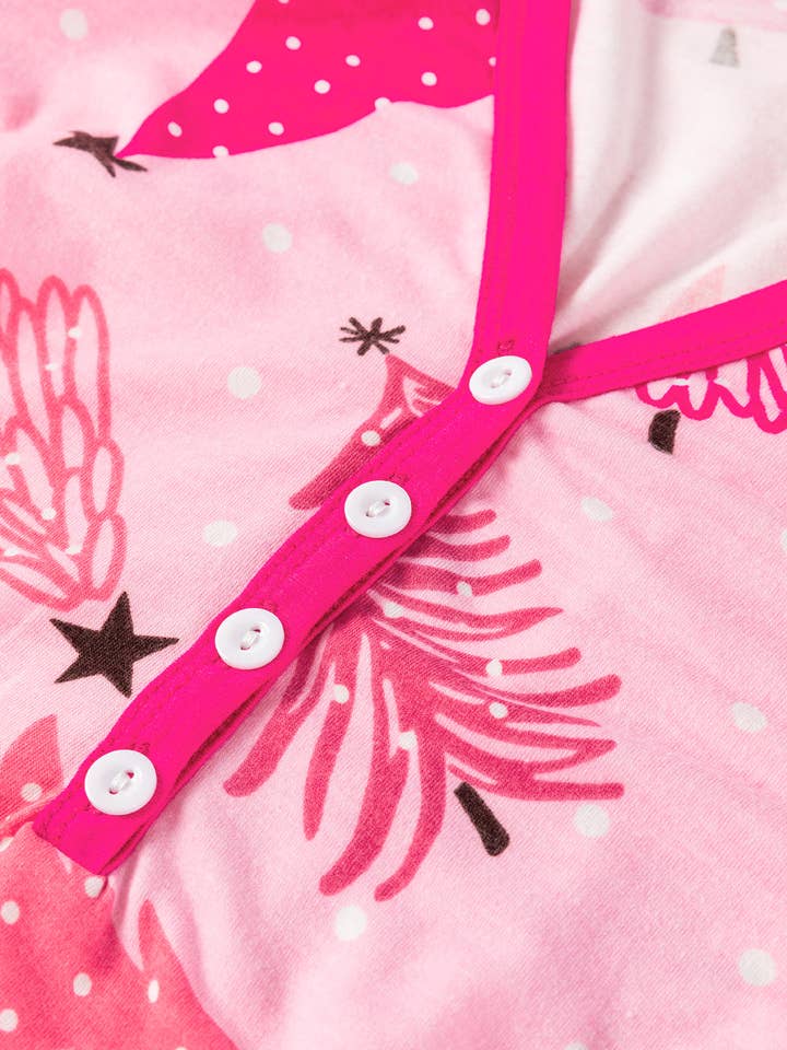 Pink Christmas Tree Print V Neck Buttoned Pullover and Drawstring Pants Lounge Set for wholesale on Faire