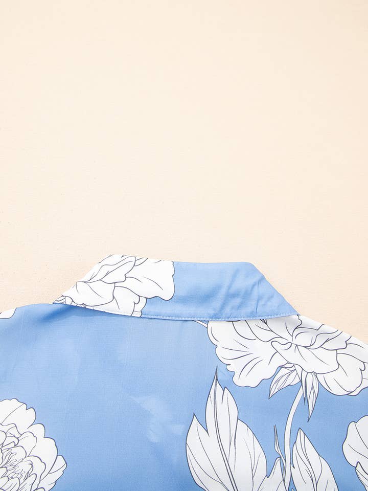 Sky Blue Floral Print Button Up Pleated Detail Puff Sleeve Shirt for wholesale on Faire5