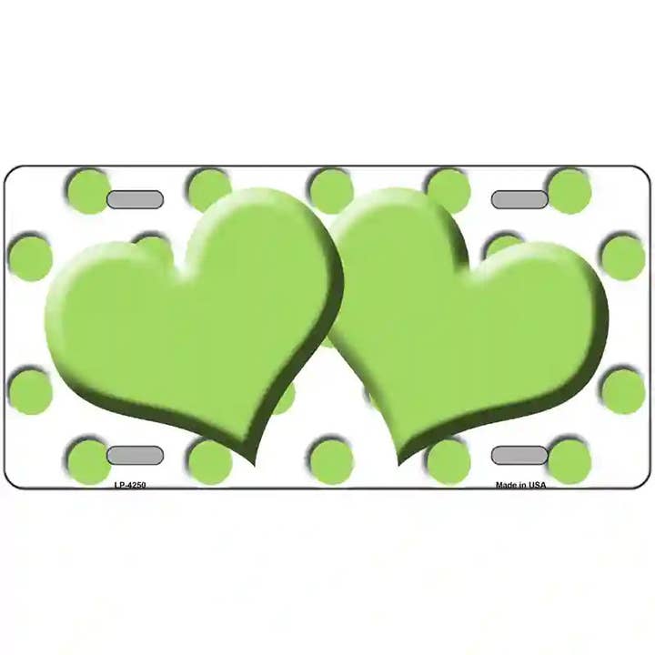 White Polka Dot Lime Green Centered Hearts License Plate for wholesale by Smart Blonde
